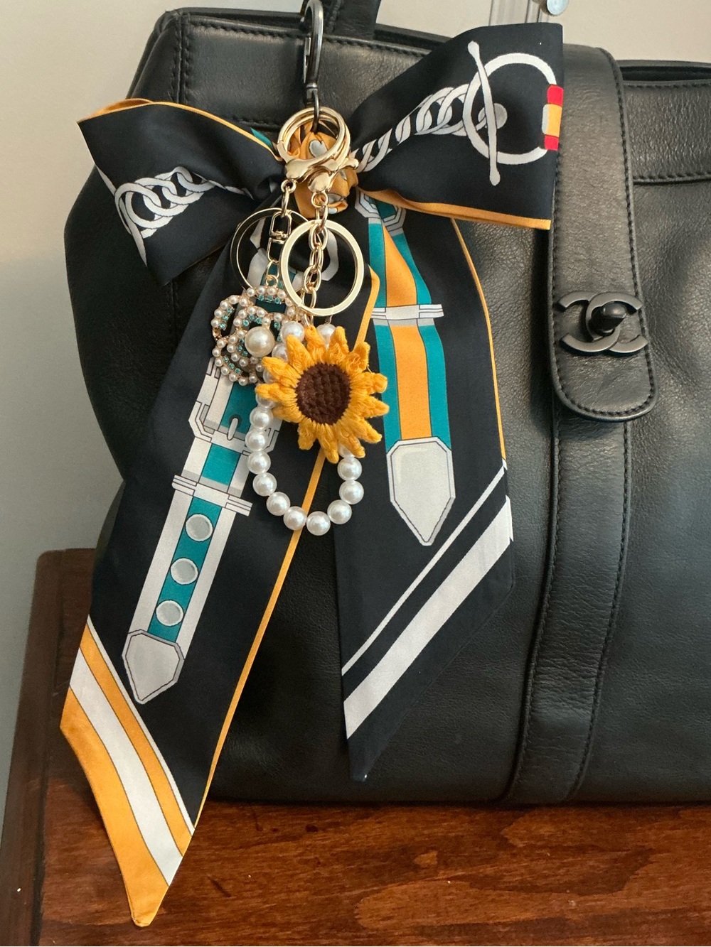 Silk Scarf Bag Charm in Black and Yellow with Sunflower Pearl Flower Accent Fall